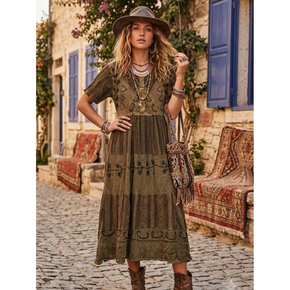Vintage Olive Embroidered Whimsigoth Midi Maxi Dress Size S Earthy Artsy Boho